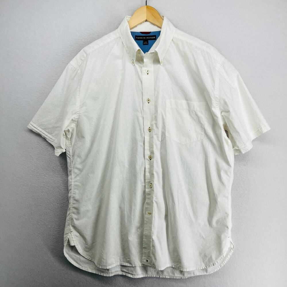 TOMMY HILFIGER Shirt Mens L Paisley Button Up Short Sleeve Cotton White HK VTG